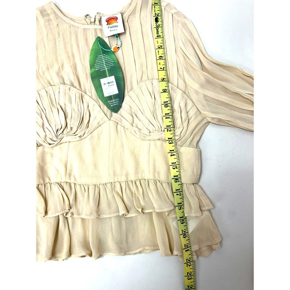 Farm Rio NWT Pleated Bust Peplum Blouse Beige Viscose Back Zip Long Sleeves S - Picture 13 of 13